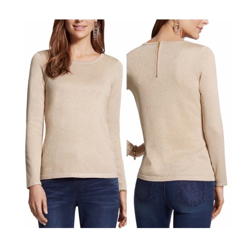 Chico's Lurex Mindy back zip long sleeve sweater in Stardust Gold women's 16 NWT